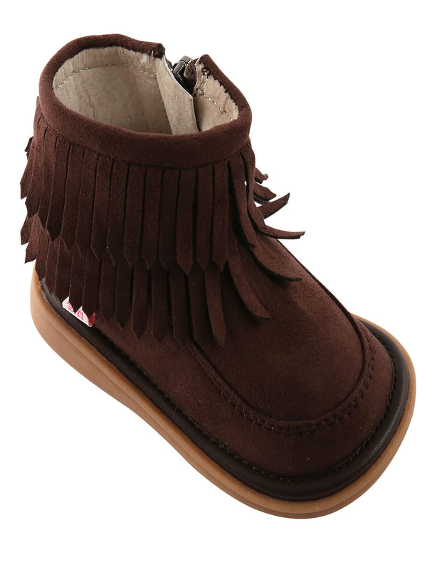Mooshu Trainers Girls Chocolate Suede Squeaky Piper Fringe Boots 5-9 Toddler - SophiasStyle.com